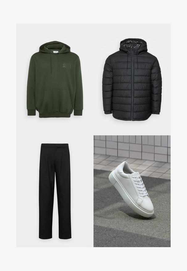 Black puffer jacket with a hood, featuring a quilted pattern, zipper front, drawstring adjustments, and elastic cuffs for a snug fit.; Olive green hoodie with a front pocket, drawstring hood, and embossed logo on the chest. Made from soft, textured fabric.; Black trousers made of smooth fabric, featuring a straight-leg design, two front pleats, and standard waistband with belt loops.; White leather sneaker with a smooth surface, round toe, and flat white laces. Features a textured rubber sole and minimal design elements.