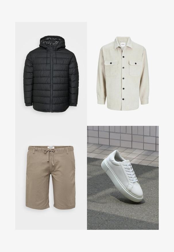 Giacca a piumino nera con cappuccio, caratterizzata da un motivo trapuntato, chiusura frontale con cerniera, regolazioni con coulisse e polsini elastici per una vestibilità aderente.; Camicia di flanella beige con colletto, dotata di due tasche sul petto, bottoni neri e maniche lunghe con polsini bottonati.; Shorts in cotone color sabbia con vita elasticizzata e coulisse, tasche laterali e taglio dritto. Texture liscia e design minimal.; Sneaker bianco in pelle con superficie liscia, punta rotonda e lacci piatti bianchi. Presenta una suola in gomma texturizzata e un design minimale.