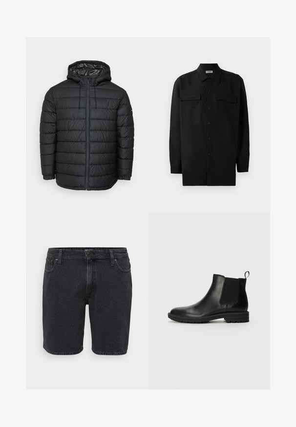 Geacă neagră matlasată cu glugă, având un model cusut, fermoar frontal, ajustări cu snur și manșete elastice pentru o potrivire strânsă.; Cămașă neagră cu nasturi, confecționată dintr-un material neted, având un guler clasic, două buzunare frontale și mâneci lungi cu manșete cu nasturi.; Șorturi din denim negre cu un design clasic, dotate cu închidere frontală cu nasture, bucle pentru curea și stil cu cinci buzunare. Textură ușor decolorată.; Jack & Jones JFWHOSKINS - Botine clasice - anthracite