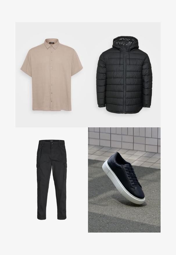 Black puffer jacket with a hood, featuring a quilted pattern, zipper front, drawstring adjustments, and elastic cuffs for a snug fit.; Short-sleeve button-up shirt in light beige fabric, with a collar and front buttons. Texture appears smooth and slightly textured.; Black cargo pants made of sturdy fabric, featuring multiple pockets, a button closure, and a slim fit design with tapered legs.; Black leather sneaker with rounded toe and white rubber sole. Features flat laces and minimal stitching on the upper. Textured sole for grip.