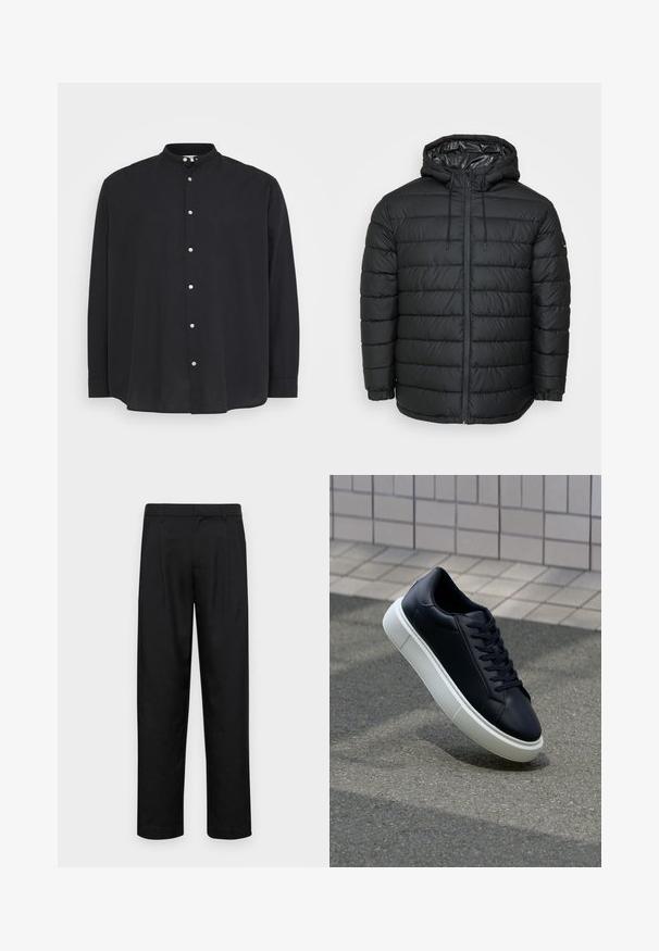 Svart vadderad jacka med huva, med quiltat mönster, frontdragkedja, justeringar med dragsko och elastiska ärmslut för en nära passform.; Svart långärmad skjorta med bandkrage och knäppning. Tillverkad av lättviktsmaterial, med en avslappnad passform och subtil textur.; Svarta byxor i slät väv, med rak ben-design, två framfickor och standardmidja med bälteshällor.; Svart lädersneaker med rundad tå och vit gummisula. Har platta snören och minimal sömnad på ovansidan. Texturerad sula för grepp.
