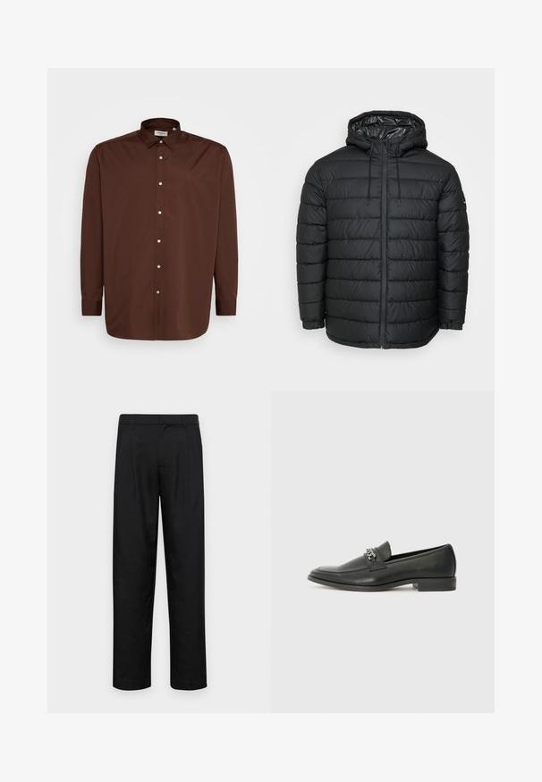 Melnā pūtēja jaka ar kapuci, ar šūtu rakstu, priekšpusē rāvējslēdzēju, regulējamām auklām un elastīgiem aprocēm ciešam pieguļam.; Brūns pogām caurspīdīgs krekls ar izplatītu apkakli, garām piedurknēm un gludu auduma tekstūru. Priekšpusē ir baltas pogas.; Melnas bikses, izgatavotas no gludas auduma, ar taisnu kāju dizainu, divām priekšējām krokām un standarta jostu, kurai ir āķi.; Melna ādas loafer izmēra apavi ar gludu virsmu, piedāvā ar šūtu dizainu un dekoratīvu metāla ķēdes akcentu pār vampu. Plakana papēža daļa.