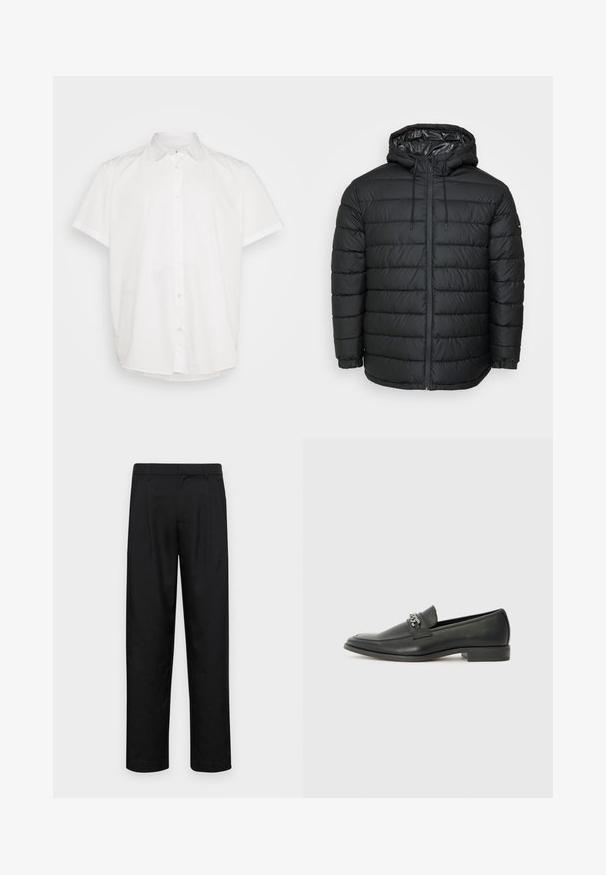 Giacca a piumino nera con cappuccio, caratterizzata da un motivo trapuntato, chiusura frontale con cerniera, regolazioni con coulisse e polsini elastici per una vestibilità aderente.; Camicetta bianca a maniche corte in cotone, con colletto classico e chiusura frontale con bottoni, orlo dritto. Texture liscia, senza fantasie.; Pantaloni neri realizzati in tessuto liscio, caratterizzati da un taglio dritto, due pieghe frontali e una vita standard con passanti per la cintura.; Mocassino in pelle nera con finitura liscia, caratterizzato da un design cucito e da un accento decorativo in catena metallica sul vamp. Tacco piatto.