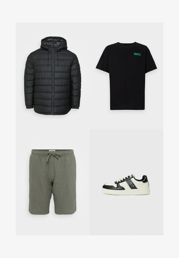 Schwarze Steppjacke mit Kapuze, mit einem gesteppten Muster, Reißverschluss vorne, Kordelzug zur Anpassung und elastischen Bündchen für eine eng anliegende Passform.; Schwarzes T-Shirt aus Baumwolle mit kurzen Ärmeln. Auf der Vorderseite befindet sich ein grünes "ROOTS"-Logo, es hat einen runden Halsauschnitt und eine normale Passform.; Leichte, olivgrüne Shorts aus strukturiertem Stoff. Mit einem elastischen Bund und Zugkordel, seitlichen Taschen und einer lockeren Passform.; Leder-Sneaker in Schwarz- und Cremetönen, mit perforierten Akzenten, einem gepolsterten Kragen und einer strukturierten Laufsohle.