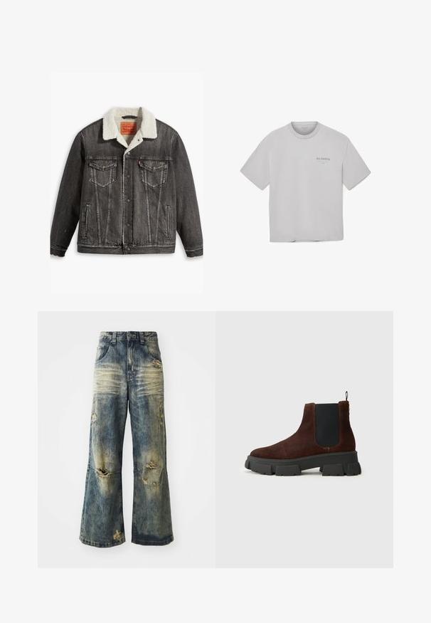 Chaqueta de mezclilla negra con un suave cuello de borrego color crema, cierre de botones, dos bolsillos en el pecho y detalles desgastados en el dobladillo.; Camiseta de algodón gris con cuello redondo, mangas cortas y un pequeño logo impreso en el lado izquierdo del pecho. Textura suave, corte relajado.; Vaqueros anchos de tiro alto, en un tono azul desgastado, con rotos y dobladillo deshilachado. Cuenta con un diseño clásico de cinco bolsillos y presillas para cinturón en la cintura.; Botín Chelsea de ante marrón con panel lateral elástico negro y suela tipo lug negra gruesa sobre un fondo claro.