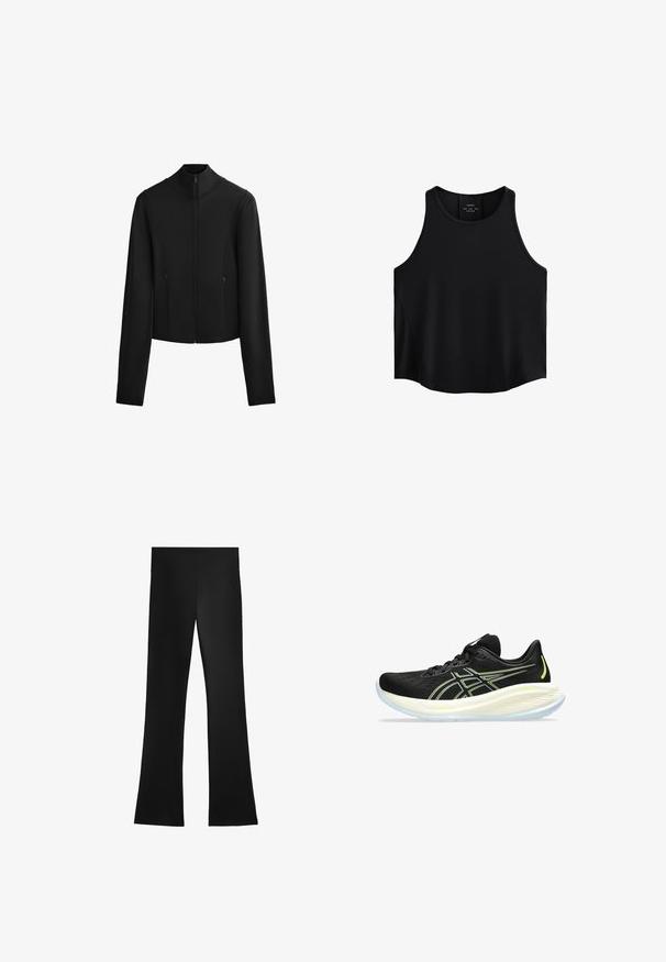 Czarna krótka kurtka z wysokim kołnierzem, długimi rękawami, zamkiem błyskawicznym z przodu i kieszeniami po bokach; wykonana z gładkiego, rozciągliwego materiału.; Czarny bezrękawnik z gładkiego materiału, z okrągłym dekoltem, prostym krojem oraz bocznymi panelami o subtelnej teksturze.; Czarne rozszerzane spodnie wykonane z gładkiego, elastycznego materiału. Posiadają wysoki pas i czysty, minimalistyczny design bez widocznych wzorów.; Czarny sportowy but z oddychającą siateczką, z białą podeszwą, neonowymi zielonymi akcentami i aerodynamicznym kształtem zapewniającym lekkość wsparcia.