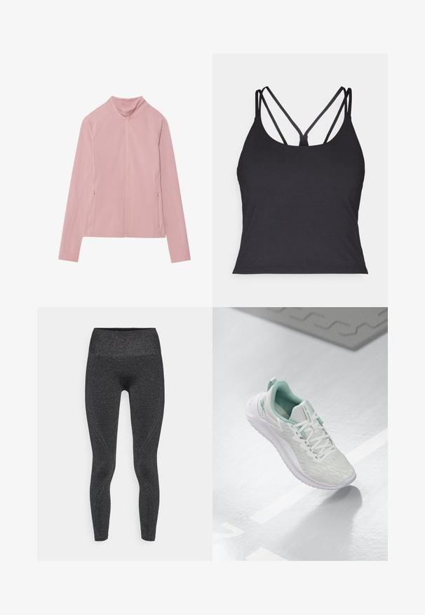 Roosa tõmblukuga jakk kõrge kaelusega, valmistatud siledast, venivast kangast. Omab kahte küljetaskut ja raglanvarrukaid liikumisvabaduse tagamiseks.; Must have mustern seljatask korda must tank top, millel on õhukesed rihmad ja taga risti disain. Valmistatud pehmest ja venivast materjalist, millel on kehakujuline siluett.; Mustad mustad, millel on läikiv, tekstuuriga pind, kõrge vöökohaga ja kontuuritud õmblused, mis tagavad sobiva disaini. Sobivad aktiivseks kandmiseks.; Heledad hallitushallide spordijalanõud tekstuurse kudumise ülaosaga, mündiroheline aktsent, valged nöörid, kummist tald ja tõmblõng kandmisel.