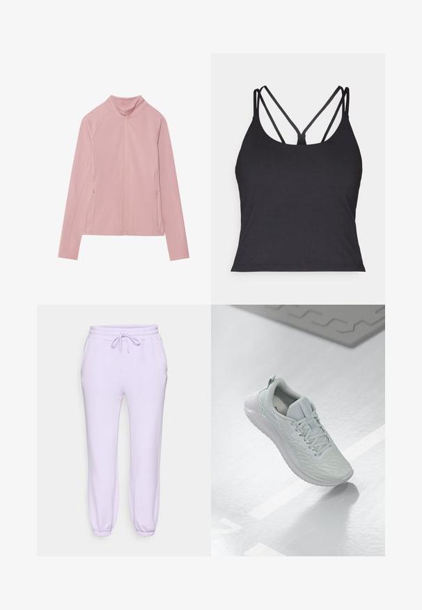 Lyserød zip-up jakke med høj krave, lavet af glat, strækbart stof. Har to sidelommer og raglanærmer for bedre bevægelsesfrihed.; Sort top med tynde stropper og krydset design på ryggen. Lavet af blødt, strækbart materiale med en tætsiddende silhuet.; Lavendel sweatpants med elastisk talje og snor, sidelommer og tapered manchetter ved anklerne. Blødt, glat stof.; Lys grå atletisk sko med en struktureret mesh-overdel, snørebånd, polstret sål og minimal branding.
