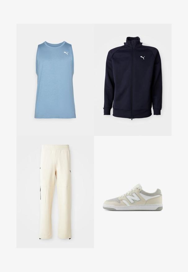 Sudadera con cremallera color azul marino, con cuello alto, puños y dobladillo acanalados. Presenta franjas laterales blancas y un pequeño logo blanco de Puma en el pecho.; Top deportivo sin mangas de color azul claro, confeccionado en una tela suave, con un escote redondo y un logo de Puma blanco en el lado izquierdo del pecho.; Pantalones de chándal de color beige claro, hechos de un tejido suave. Presentan un logo negro, bolsillos laterales con cremalleras y un corte relajado.; Zapatillas de gamuza y cuero beige con acentos blancos, que presentan un diseño texturizado, parte frontal con cordones y un logo distintivo en el lateral.
