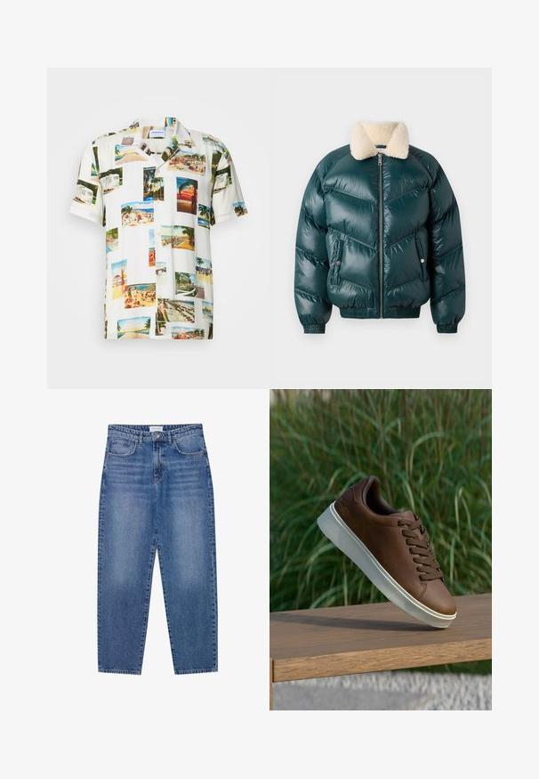 Zelena jakna s naduvanjem s patentnim zatvaračem sprijeda, ovratnikom od šerlina, kviltovanim uzorkom, elastičnim manžetama i rubom, koja sadrži dva bočna džepa.; Bijela košulja kratkih rukava s kolazhem fotografija tropskih scena u raznim bojama. Lagani materijal, dugmad sprijeda i opušteni kroj.; Plave traper hlače s visokim strukom, ravnim nogavicama i izblijedjelim završetkom. Imaju pet džepova i zatvaranje na gumb.; Smeđe kožne tenisice s bijelim gumiranim potplatom, zaobljenim nosom i smešnim vezicama. Teksturirana površina na potplatu i glatka završna obrada na gornjem dijelu.