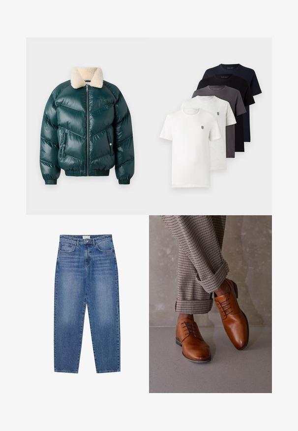 Veste puffer verte avec fermeture éclair à l'avant, col en fourrure, motif matelassé, poignets élastiques et ourlet, dotée de deux poches latérales.; Cinq t-shirts en coton à manches courtes en blanc, gris clair, gris foncé, marine et noir, avec un petit logo sur la poitrine.; Jean en denim bleu avec une taille haute, une coupe droite et une finition délavée. Comprend cinq poches et une fermeture à bouton.; Des chaussures en cuir marron présentent un bout arrondi, un laçage à cinq œillets et des lacets sombres contrastés. Le pantalon est à carreaux, retroussé aux poignets.