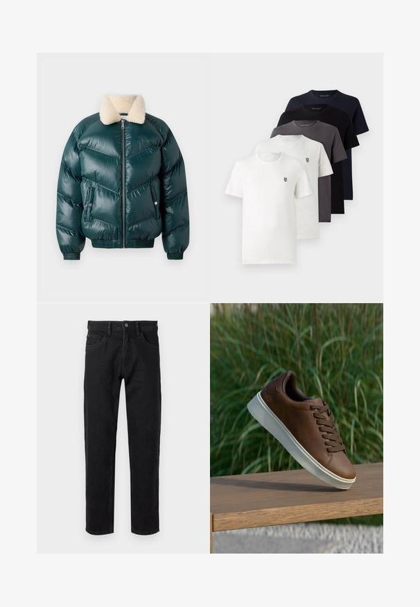 Zelena pufa jakna z zadrgo spredaj, ovčjim ovratnikom, prešito vzorcem, elastičnimi manšeti in robom, ki ima dva stranska žepa.; Pet kratke majice iz bombaža v beli, svetlo sivi, temno sivi, mornarsko modri in črni barvi, z majhnim logotipom na prsih.; Črne denim hlače s ravnim krojem, zasnovo s petimi žepi in kovinskim zapiranjem. Gladka tekstura z minimalnim zbledelostjo.; Rjave usnjene tene s belim gumijastim podplatom, zaobljenim nosom in rjavimi vezalkami. Teksturni oprijem na podplatu in gladka površina na zgornjem delu.