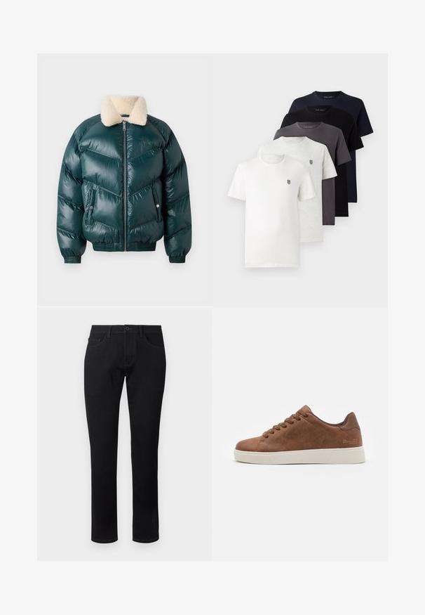 Zelena jakna s naduvanjem s patentnim zatvaračem sprijeda, ovratnikom od šerlina, kviltovanim uzorkom, elastičnim manžetama i rubom, koja sadrži dva bočna džepa.; Pet kratkih rukava od pamučnih majica u bijeloj, svijetlo sivoj, tamno sivoj, mornarskoj i crnoj boji, s malim logom na prsima.; TOM TAILOR TTJOSH Regular - Traperice uskog kroja - black denim; Smeđi kožni tenisica s okruglim vrhom, bijelim gumenim đonom, dizajnom s vezicama i suptilnim logotipom sa strane. Glatka tekstura.