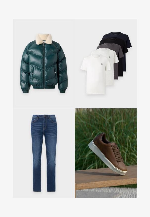 Zelena jakna s naduvanjem s patentnim zatvaračem sprijeda, ovratnikom od šerlina, kviltovanim uzorkom, elastičnim manžetama i rubom, koja sadrži dva bočna džepa.; Pet kratkih rukava od pamučnih majica u bijeloj, svijetlo sivoj, tamno sivoj, mornarskoj i crnoj boji, s malim logom na prsima.; Tamno plave traperice s klasičnim ravnim krojem, dizajnom s pet džepova i blagim izbljeđivanjem na nogama. Imaju kopčanje na gumba i rajsferšlus.; Smeđe kožne tenisice s bijelim gumiranim potplatom, zaobljenim nosom i smešnim vezicama. Teksturirana površina na potplatu i glatka završna obrada na gornjem dijelu.