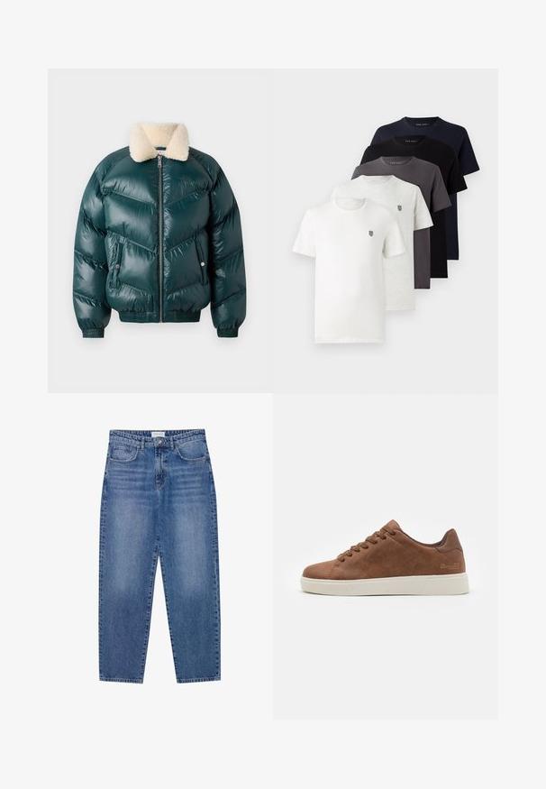 Žalios pūkinės striukės su užtrauktuku priekine dalimi, švelniu apykakle, siūtu raštu, elastinėmis rankogalių ir apatinėmis dalimis, su dviem šoninėmis kišenėmis.; Penki trumpomis rankovėmis medvilniniai marškinėliai baltos, šviesiai pilkos, tamsiai pilkos, mėlynos ir juodos spalvų su mažu logotipu ant krūtinės.; Mėlyni džinsai su aukštu liemeniu, tiesiomis kojomis ir nusidėvėjusiu paviršiumi. Turi penkias kišenes ir mygtukų užsegimą.; Rudi odiniai sneakeriai su apvalia nosimi, balta guma padų, virvutėmis rišimo dizainu ir subtiliu logotipo detaliu šone. Lygus paviršius.