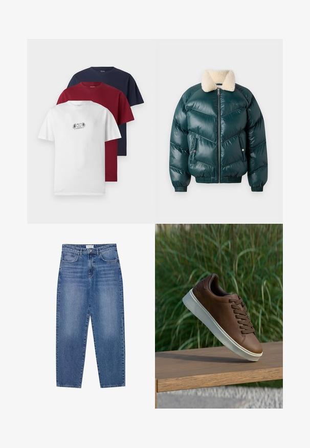 Grøn pufferjakke med lynlås foran, pelskrave, quiltet mønster, elastiske manchetter og kant, med to sidelommer.; Tre kortærmede T-shirts i hvid, burgunder og marineblå. Hver har en rund halsudskæring og blødt bomuldsstof, hvor den hvide skjorte viser en lille grafik.; Blå denim jeans med høj talje, lige ben design og slidte finish. Har fem lommer og en knaplukning.; Brune læder sneakers med hvid gummisål, rund tå og brune snørebånd. Tekstureret greb på sålen og glat overflade på det øverste.