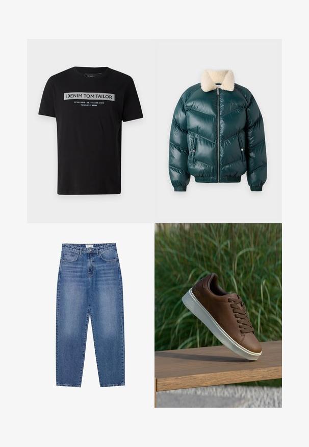 Žalios pūkinės striukės su užtrauktuku priekine dalimi, švelniu apykakle, siūtu raštu, elastinėmis rankogalių ir apatinėmis dalimis, su dviem šoninėmis kišenėmis.; Juodas medvilnės marškinėliai su trumpomis rankovėmis, su priekiniais grafikos elementais pilkos ir mėlynos spalvų tekstu, kuriame yra prekės ženklo pavadinimas "DENIM TOM TAILOR."; Mėlyni džinsai su aukštu liemeniu, tiesiomis kojomis ir nusidėvėjusiu paviršiumi. Turi penkias kišenes ir mygtukų užsegimą.; Rudos odinės sportinės bateliai su balta guma padais, suapvalinta nosimi ir rudomis raišteliais. Tekstūruota atrama ant padais ir lygus paviršius viršuje.