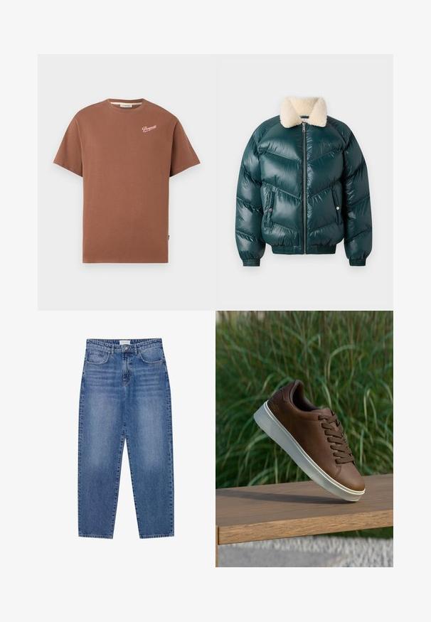 Zöld puffernadrág, elől cipzárral, gyapjú gallérral, steppelt mintával, rugalmas mandzsettákkal és szegéllyel, két oldalsó zsebbel.; Barna, rövid ujjú, kerek nyakú póló, fehér írásos "Pompeii" felirattal a bal felső mellrészen.; Kék farmernadrág magas derekú, egyenes szárú dizájnnal és kopott hatással. Öt zsebbel és gombos záródással rendelkezik.; Barna bőr tornacipő fehér gumi talppal, lekerekített orral és barna fűzős kialakítással. A talp texturált tapadással, míg a felsőrész sima felülettel rendelkezik.