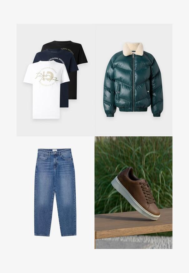 Vihreä puffatakki, jossa on vetoketju edessä, turkismainen kaulus, tikattu kuvio, elastiset hihansuut ja helma, sekä kaksi sivutaskua.; Kolme crew-neck T-paitaa valkoisena, tummansinisenä ja mustana puuvillasta, joissa on kultainen graafinen logo valkoisessa paidassa ja teksti pyöreässä muodossa.; Sininen farkut korkealla vyötäröllä, suora lahje ja haalistunut viimeistely. Sisältää viisi taskua ja nappikiinnityksen.; Ruskeat nahkakengät valkoisella kumipohjalla, pyöristetty kärki ja ruskeat nauhat. Pohjassa on karhea pinta ja yläosassa sileä viimeistely.