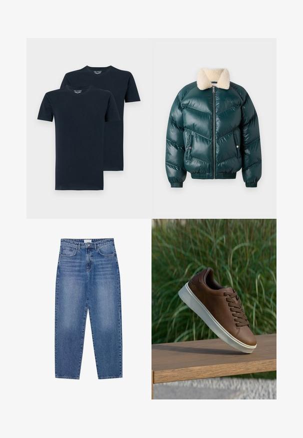 Grøn pufferjakke med lynlås foran, pelskrave, quiltet mønster, elastiske manchetter og kant, med to sidelommer.; To navyblå kortærmede t-shirts lavet af glat bomuld, med rund hals og et enkelt, ensfarvet design.; Blå denim jeans med høj talje, lige ben design og slidte finish. Har fem lommer og en knaplukning.; Brune læder sneakers med hvid gummisål, rund tå og brune snørebånd. Tekstureret greb på sålen og glat overflade på det øverste.