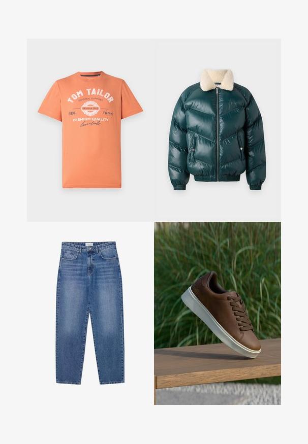 Žalios pūkinės striukės su užtrauktuku priekine dalimi, švelniu apykakle, siūtu raštu, elastinėmis rankogalių ir apatinėmis dalimis, su dviem šoninėmis kišenėmis.; Trumpos rankovės marškinėliai koralinės oranžinės spalvos su apvaliu iškirpimu. Priekyje yra balti grafikos tekstai ir logotipo detalės. Pagaminta iš medvilnės.; Mėlyni džinsai su aukštu liemeniu, tiesiomis kojomis ir nusidėvėjusiu paviršiumi. Turi penkias kišenes ir mygtukų užsegimą.; Rudos odinės sportinės bateliai su balta guma padais, suapvalinta nosimi ir rudomis raišteliais. Tekstūruota atrama ant padais ir lygus paviršius viršuje.