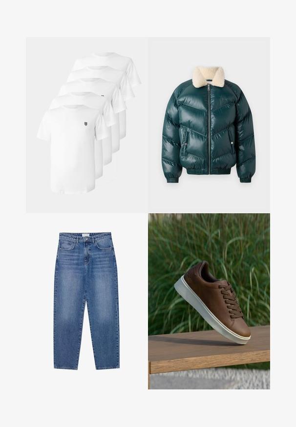 Giacca a vento verde con zip frontale, colletto in pelo, motivo trapuntato, polsini e orlo elasticizzati, dotata di due tasche laterali.; T-shirt bianche di cotone con collo a giro, maniche corte e un piccolo emblema nero sul petto. Cinque magliette esposte in un' disposizione impilata.; Jeans in denim blu con vita alta, design a gamba dritta e finitura sbiadita. Presentano cinque tasche e chiusura con bottone.; Sneaker in pelle marrone con suola in gomma bianca, punta arrotondata e lacci marroni. Grip testurizzato sulla suola e finitura liscia sulla parte superiore.