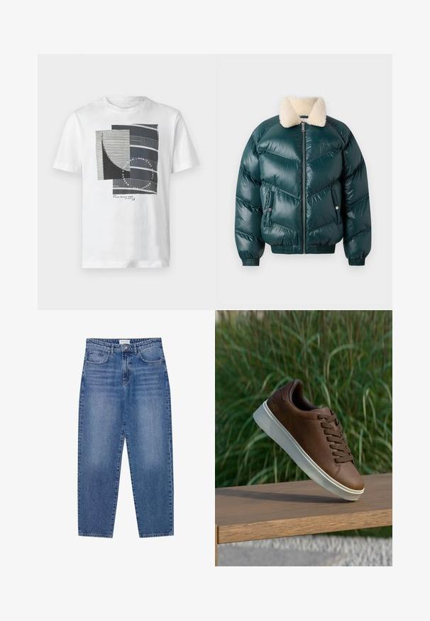 Roheline puhvjack, millel on lukuga esiosa, karvane krae, tikandimuster, elastsed mansetid ja äär, millel on kaks küljetaskut.; Valge puuvillane T-särk, millel on geomeetriline graafiline disain tumesinise ja musta värviga, sisaldades jooni ja tekstuure, ning brändi logo põhjas.; Sinine denimpüksid kõrge vöökoht, sirge jala disain ja kulunud viimistlus. Omab viit taskut ja nööbikinnitust.; Pruun nahast tenniseking valge kummist tallaga, ümar varvas ja pruunid laced. Talla tekstuuriline haardepind ja ülemise sile pind.