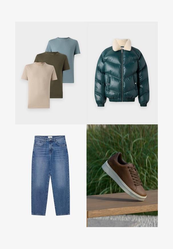 Zaļš pūšamais mētelis ar rāvējslēdzēju priekšpusē, vilnas apkakli, quilted rakstu, elastīgām piedurknēm un apakšmalu, ar divām sānu kabatām.; Trīs īsām piedurknēm t-krekli bežā, olīvu zaļā un gaismas zilā krāsā, izgatavoti no mīksta auduma ar apaļu kakla izgriezumu un vienkāršu dizainu.; Zili džinsi ar augstu jostasvietu, taisnu kāju dizainu un izbalējušu apdari. Iespļautas piecas kabatas un pogas aizdare.; Brūni ādas tenisi ar baltu gumijas zoli, noapaļota purngala un brūniem šņorēm. Zoles teksturētā saķere un gluda virsma augšdaļā.