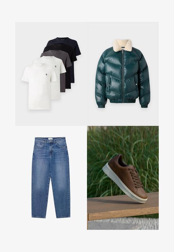 Žalios pūkinės striukės su užtrauktuku priekine dalimi, švelniu apykakle, siūtu raštu, elastinėmis rankogalių ir apatinėmis dalimis, su dviem šoninėmis kišenėmis.; Penki trumpomis rankovėmis medvilniniai marškinėliai baltos, šviesiai pilkos, tamsiai pilkos, mėlynos ir juodos spalvų su mažu logotipu ant krūtinės.; Mėlyni džinsai su aukštu liemeniu, tiesiomis kojomis ir nusidėvėjusiu paviršiumi. Turi penkias kišenes ir mygtukų užsegimą.; Rudos odinės sportinės bateliai su balta guma padais, suapvalinta nosimi ir rudomis raišteliais. Tekstūruota atrama ant padais ir lygus paviršius viršuje.