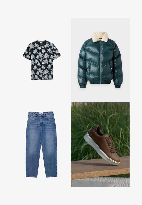 Žalios pūkinės striukės su užtrauktuku priekine dalimi, švelniu apykakle, siūtu raštu, elastinėmis rankogalių ir apatinėmis dalimis, su dviem šoninėmis kišenėmis.; Tamsiai mėlynas trumpomis rankovėmis marškinėliai, dekoruoti baltais ir šviesiai mėlynais delno medžių raštais. Pagaminti iš švelnios medžiagos, su apvaliu iškirpimu ir laisvu siluetu.; Mėlyni džinsai su aukštu liemeniu, tiesiomis kojomis ir nusidėvėjusiu paviršiumi. Turi penkias kišenes ir mygtukų užsegimą.; Rudos odinės sportinės bateliai su balta guma padais, suapvalinta nosimi ir rudomis raišteliais. Tekstūruota atrama ant padais ir lygus paviršius viršuje.