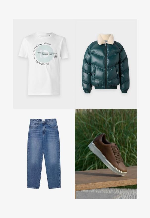 Žalios pūkinės striukės su užtrauktuku priekine dalimi, švelniu apykakle, siūtu raštu, elastinėmis rankogalių ir apatinėmis dalimis, su dviem šoninėmis kišenėmis.; Balta medvilninė marškinė su apvaliu grafiniu dizainu, kuriame yra "ID" ir juodų bei šviesiai mėlynų tekstinių elementų. Klasikinis apvalus kaklas ir trumpomis rankovėmis.; Mėlyni džinsai su aukštu liemeniu, tiesiomis kojomis ir nusidėvėjusiu paviršiumi. Turi penkias kišenes ir mygtukų užsegimą.; Rudos odinės sportinės bateliai su balta guma padais, suapvalinta nosimi ir rudomis raišteliais. Tekstūruota atrama ant padais ir lygus paviršius viršuje.