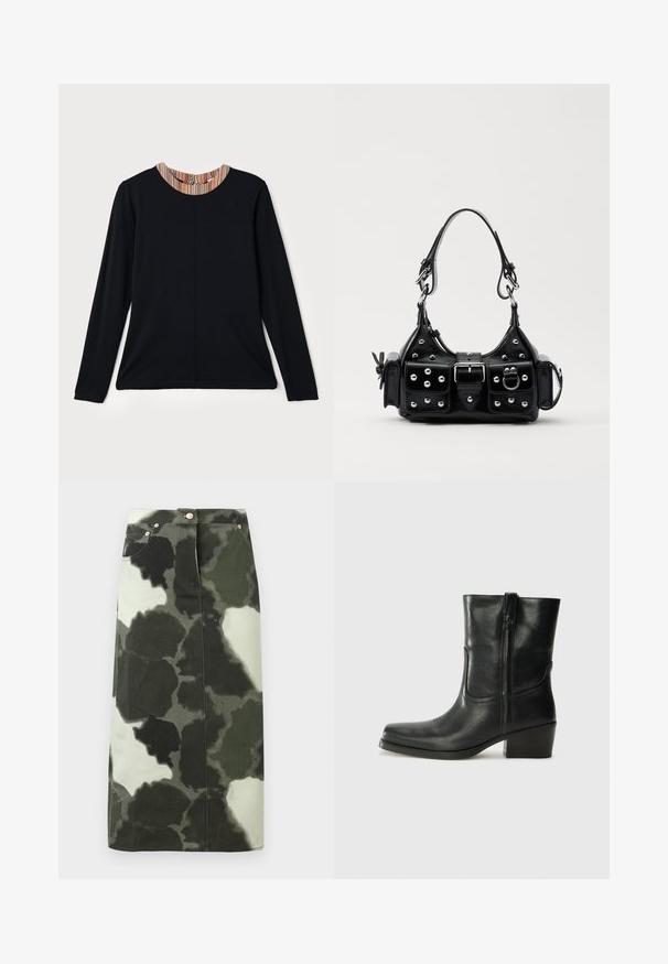 Chaqueta de forro polar beige y suave con cremallera frontal, que presenta patrones abstractos en tonos pastel y un pequeño bolsillo en el pecho con acentos metálicos.; Top negro de manga larga con escote redondo que presenta un detalle de rayas multicolores en el cuello. Tejido suave con un ajuste relajado.; Minifalda de mezclilla con estampado de camuflaje en verde oscuro y negro, con cintura alta, cuatro bolsillos y acentos metálicos. De corte recto y de longitud media.; Botín negro de cuero hasta el tobillo con punta redondeada, tacón cuadrado, cremallera lateral y detalles de costura en el empeine. Textura suave, diseño clásico.; Bolso de mano de cuero negro con un diseño curvado, que cuenta con tachuelas plateadas, una hebilla y dos bolsillos laterales. Correa ajustable para opciones de transporte.