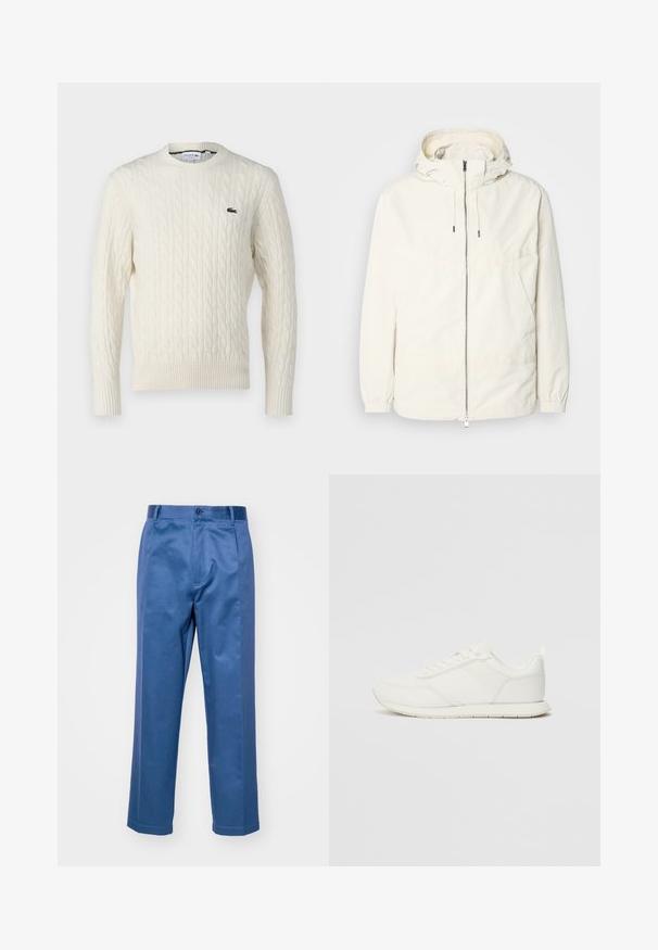 Leichte, cremefarbene Jacke mit Kapuze, Reißverschluss vorne, elastischen Bündchen und einer Kängurutasche. Glattes Gewebe mit minimalen Nähdetails.; Cremfarbener Zopfmuster-Pullover mit Rundhalsausschnitt, gerippten Bündchen und Saum sowie einem grünen Lacoste-Logo auf der Brust. Die strukturierte Stoffqualität betont die Details.; Blaue Hose aus einem glatten Stoff, mit geradem Bein, Knopfverschluss und dezenten Nähten.; Weißer Sneaker mit einem Obermaterial aus Mesh und Synthetik, runder Zehenform, flachen Schnürsenkeln und einem strukturierten Seitenstreifen. Gummisohle mit einer Lasche hinten.
