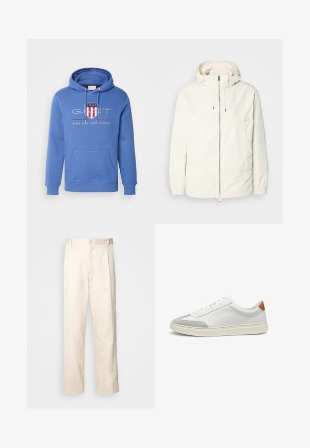 Lightweight, cream-colored jacket with a hood, zip front, elastic cuffs, and a kangaroo pocket. Smooth fabric with minimal stitching details.; GANT ARCHIVE SHIELD - Hoodie - rich blue; Beige cotton trousers with a straight-leg cut, featuring a button closure and pleats at the front for added detail.; White leather sneakers with gray suede accents and a tan leather heel tab. Features a textured surface and lightweight sole.