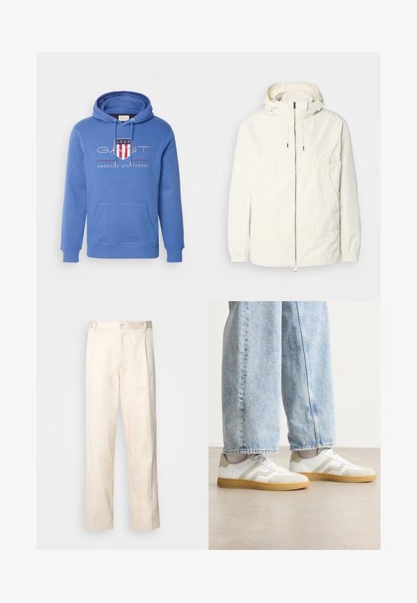 Kerge, kreemivärvi jakk, kapuutsiga, lukuga ees, elastsete mansettide ja känguru taskuga. Sile kangas minimaalsete õmblusdetailidega.; GANT ARCHIVE SHIELD - Kapuutsiga pusa - rich blue; Beesidised puuvillased püksid sirge jala lõikega, mis on varustatud nööpkinnituse ja ees olevate voltidega, et lisada detaili.; Valged tenniset jalatsid beeži nubukaktsentide ja heade kummitaldadega; omavad madalat disaini ja tekstuurset detailimist ülemisel osal.