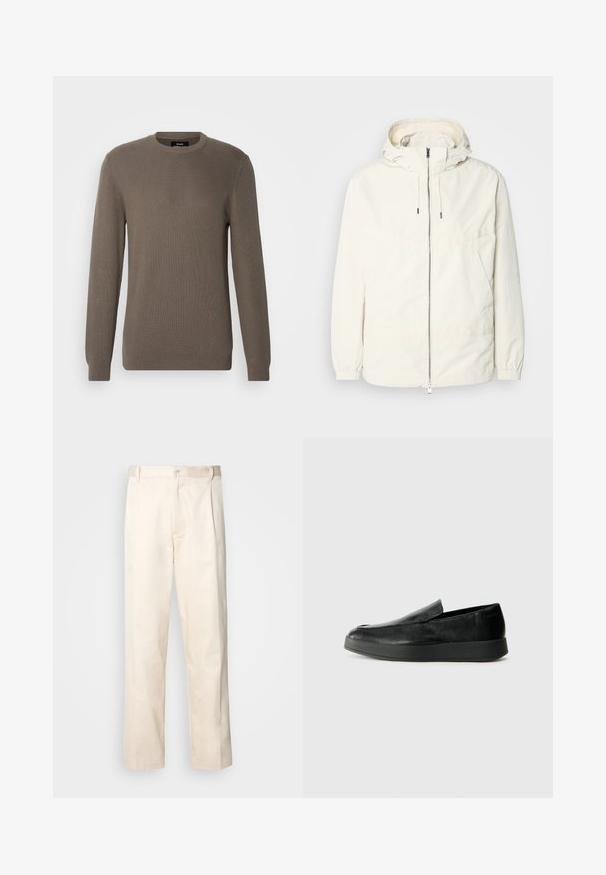 Giacca leggera di colore crema con cappuccio, chiusura frontale con zip, polsini elastici e tasca a marsupio. Tessuto liscio con dettagli di cucitura minimi.; Maglione marrone a costine con collo rotondo, maniche lunghe e tessuto testurizzato. Design semplice senza ulteriori motivi o accessori.; Pantaloni in cotone beige con taglio dritto, dotati di chiusura a bottone e pence sul davanti per un tocco di dettaglio in più.; Calvin Klein HYBRID CUP - Scarpe senza lacci - triple black