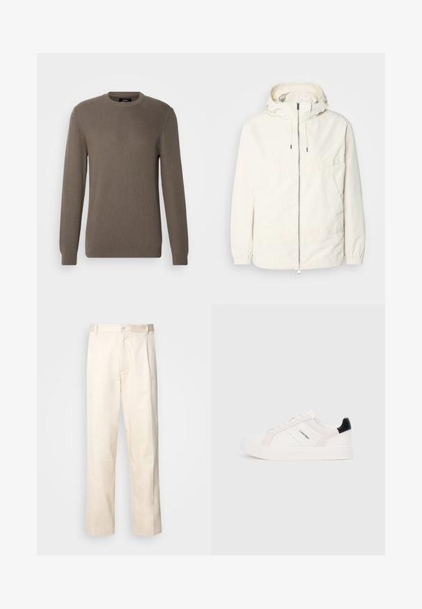 Leichte, cremefarbene Jacke mit Kapuze, Reißverschluss vorne, elastischen Bündchen und einer Kängurutasche. Glattes Gewebe mit minimalen Nähdetails.; Brauner gerippter Pullover mit Rundhalsausschnitt, langen Ärmeln und strukturiertem Stoff. Einfaches Design ohne zusätzliche Muster oder Beschläge.; Beige Baumwollhose mit geradem Bein, ausgestattet mit einem Knopfverschluss und Falten an der Vorderseite für zusätzliche Details.; Weiße Sneakers mit hellrosa und schwarzen Akzenten, featuring glattem Leder und Wildlederpaneelen, runder Zehenform und flacher Gummisohle.