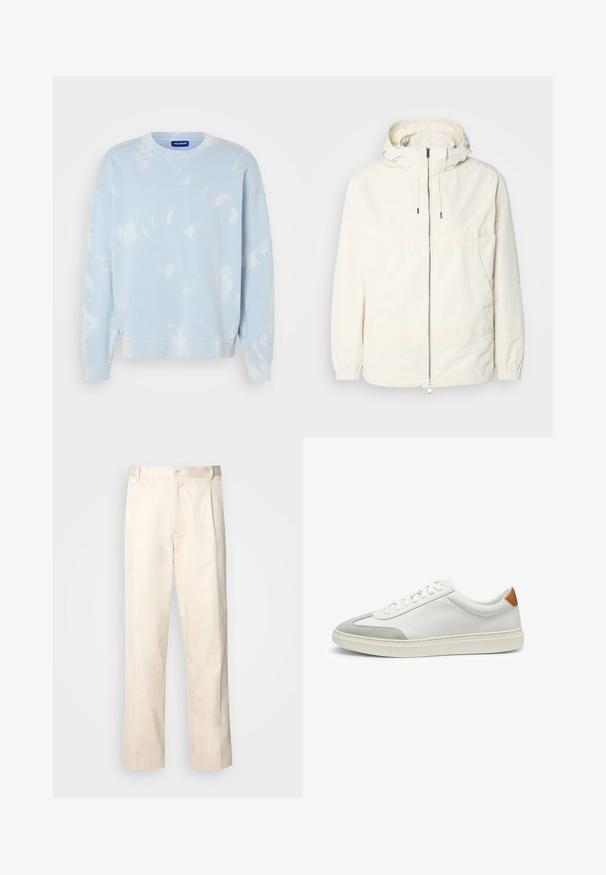 Lightweight, cream-colored jacket with a hood, zip front, elastic cuffs, and a kangaroo pocket. Smooth fabric with minimal stitching details.; Light blue sweatshirt with a tie-dye pattern, crew neck, and wide sleeves. Made from soft fabric with ribbed cuffs and hem.; Beige cotton trousers with a straight-leg cut, featuring a button closure and pleats at the front for added detail.; White leather sneakers with gray suede accents and a tan leather heel tab. Features a textured surface and lightweight sole.