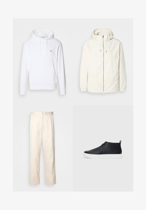 Giacca leggera di colore crema con cappuccio, chiusura frontale con zip, polsini elastici e tasca a marsupio. Tessuto liscio con dettagli di cucitura minimi.; Felpa bianca realizzata in tessuto morbido, con tasca frontale a sacca, cappuccio regolabile con cordino e un piccolo logo sul petto.; Pantaloni in cotone beige con taglio dritto, dotati di chiusura a bottone e pence sul davanti per un tocco di dettaglio in più.; Sneakers alte in pelle nera con finitura liscia, suola in gomma bianca e un design semplice con lacci. Presentano un occhiello sul retro.