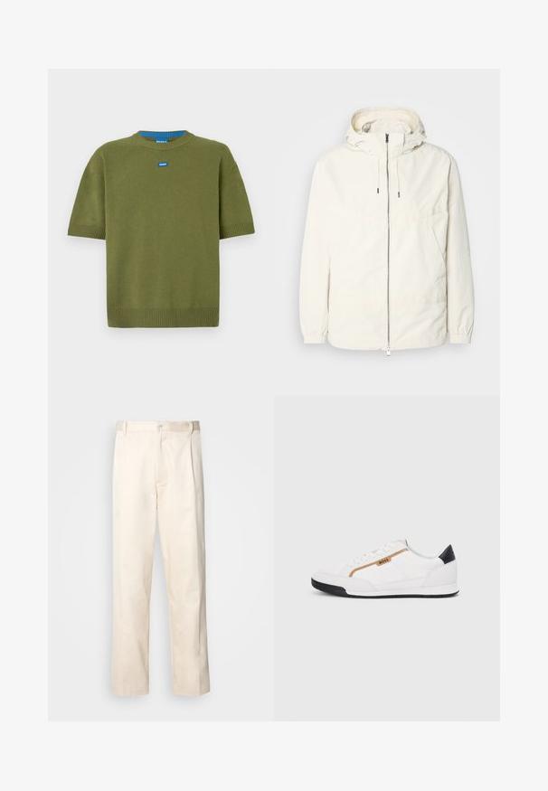 Lekka, kremowa kurtka z kapturem, zapinana na zamek, z elastycznymi mankietami i kieszenią typu kangur. Gładki materiał z minimalnymi detalami szwów.; Oliwkowy, krótki sweter dzianinowy z okrągłym dekoltem, żebrowanymi wykończeniami oraz niebieską naszywką z logo na piersi. Miękka faktura, luźny krój.; Beżowe bawełniane spodnie o prostym kroju nogawki, z zapięciem na guziki i plisami z przodu dla dodatkowego zdobienia.; Białe buty sportowe z siateczkowymi i skórzanymi akcentami. Posiadają złote logo "BOSS", teksturowane boczne panele i czapkę pięty w kolorze czarnym. Gumowa podeszwa.