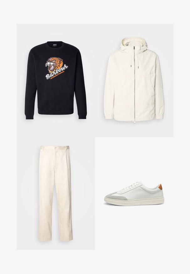 Lightweight, cream-colored jacket with a hood, zip front, elastic cuffs, and a kangaroo pocket. Smooth fabric with minimal stitching details.; Black sweatshirt with long sleeves and ribbed cuffs, featuring a large tiger graphic and "Barbour International" text at the front.; Beige cotton trousers with a straight-leg cut, featuring a button closure and pleats at the front for added detail.; White leather sneakers with gray suede accents and a tan leather heel tab. Features a textured surface and lightweight sole.