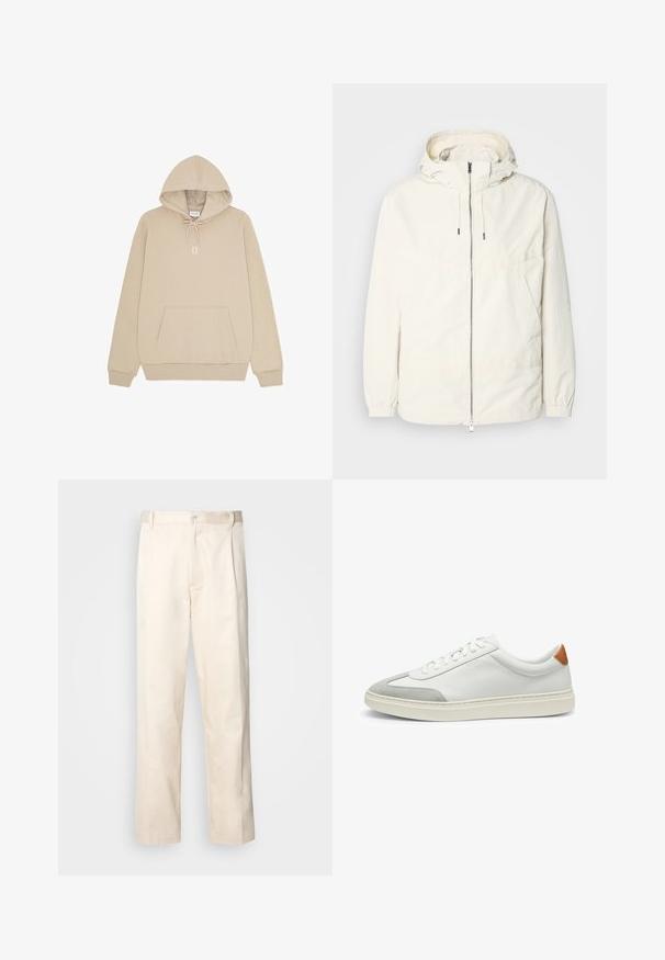 Lightweight, cream-colored jacket with a hood, zip front, elastic cuffs, and a kangaroo pocket. Smooth fabric with minimal stitching details.; Beige hooded sweatshirt with front kangaroo pocket, drawstring hood, ribbed cuffs, and "II" printed in white on the chest.; Beige cotton trousers with a straight-leg cut, featuring a button closure and pleats at the front for added detail.; White leather sneakers with gray suede accents and a tan leather heel tab. Features a textured surface and lightweight sole.