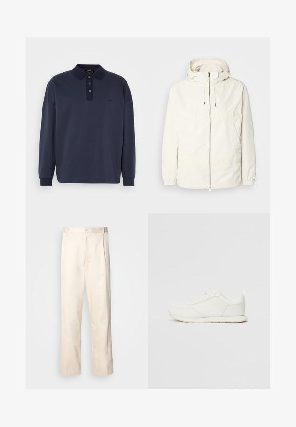Ελαφριά, κρεμ τζάκετ με κουκούλα, φερμουάρ μπροστά, ελαστικούς μανσέτες και τσέπη καγκουρό. Λείο ύφασμα με ελάχιστες ραφές.; Ναυτικό μπλουζάκι polo με μακριά μανίκια, τριπλό κλείσιμο με κουμπιά, ριγωτό γιακά και διακριτική λεπτομέρεια λογότυπου στο στήθος. Λείο ύφασμα από βαμβακερό μείγμα.; Μπεζ βαμβακερό παντελόνι με ίσια γραμμή, διαθέτει κουμπί κλεισίματος και πτυχές στο μπροστινό μέρος για επιπλέον λεπτομέρεια.; Λευκό αθλητικό παπούτσι με επάνω μέρος από πλέγμα και συνθετικό υλικό, στρογγυλή μύτη, επίπεδους κορδόνια και υφή στη λωρίδα στο πλάι. Καουτσούκ σόλα με λαβή στο πίσω μέρος.