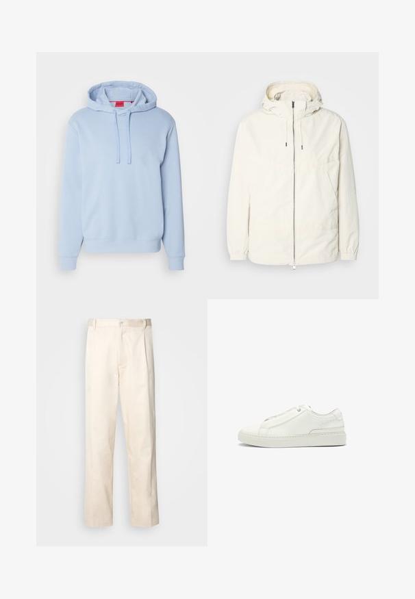 Lightweight, cream-colored jacket with a hood, zip front, elastic cuffs, and a kangaroo pocket. Smooth fabric with minimal stitching details.; Light blue hoodie made from soft fabric, featuring a drawstring hood, ribbed cuffs, and a small logo on the chest. Simple design.; Beige cotton trousers with a straight-leg cut, featuring a button closure and pleats at the front for added detail.; White leather sneaker featuring a textured upper, a round toe, minimalistic design, and a rubber sole with stitched detailing.