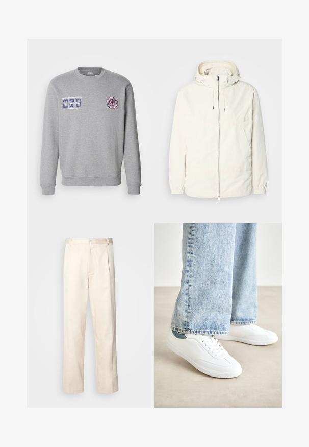 Könnyű, tejszínszínű dzseki kapucnival, cipzáras elülső résszel, rugalmas mandzsettákkal és kenguruzsebbel. Simaszerű anyag minimális varrási részletekkel.; Szürke pulóver kerek nyakkal, grafikai logóval és kerek folttal a mellkason. Puha, enyhén texturált anyagból készült.; Beige pamut nadrág egyenes szárú kivágással, gombos záródással és elülső redőkkel a részletek fokozása érdekében.; Fehér sportcipők sima anyagból, fűzős kialakítással, texturált gumitalppal és türkiz színű akcentussal a sarkán, világoskék farmernadrággal párosítva.