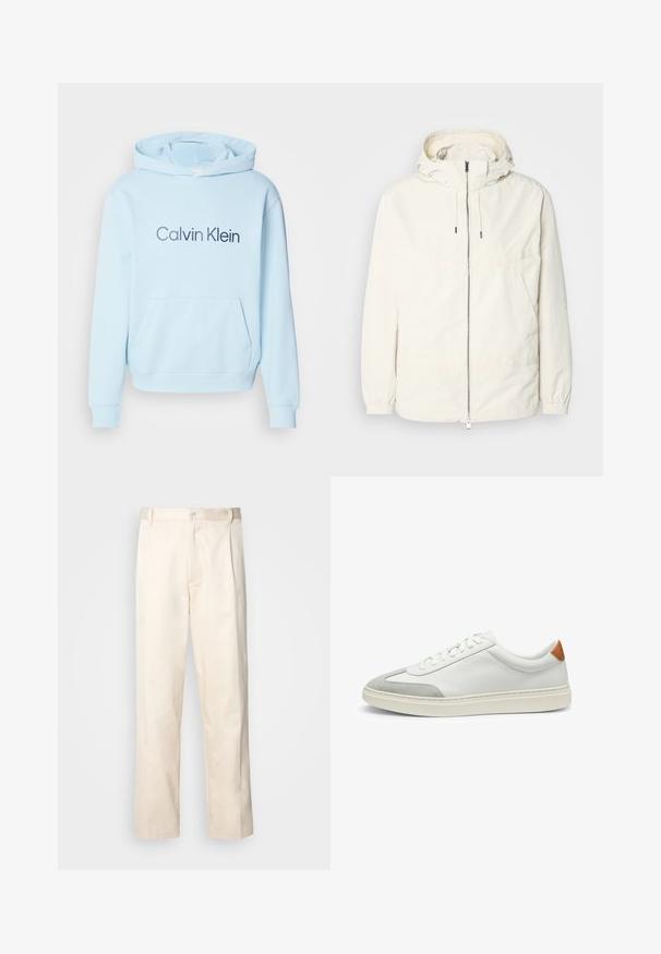 Giacca leggera di colore crema con cappuccio, chiusura frontale con zip, polsini elastici e tasca a marsupio. Tessuto liscio con dettagli di cucitura minimi.; Felpa blu chiaro realizzata in tessuto morbido, dotata di una tasca frontale e di un logo "Calvin Klein" stampato in blu scuro.; Pantaloni in cotone beige con taglio dritto, dotati di chiusura a bottone e pence sul davanti per un tocco di dettaglio in più.; Sneakers bianchi in pelle con accenti in suede grigio e un tallone in pelle beige. Presentano una superficie testurizzata e una suola leggera.