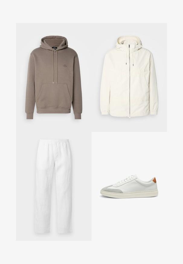 Lightweight, cream-colored jacket with a hood, zip front, elastic cuffs, and a kangaroo pocket. Smooth fabric with minimal stitching details.; Brown hoodie made of soft fabric, featuring a front pocket, drawstrings, and a small logo on the chest. Ribbed cuffs and hem.; White linen pants featuring an elastic waistband, straight-leg fit, and soft texture with no visible patterns or hardware details.; White leather sneakers with gray suede accents and a tan leather heel tab. Features a textured surface and lightweight sole.