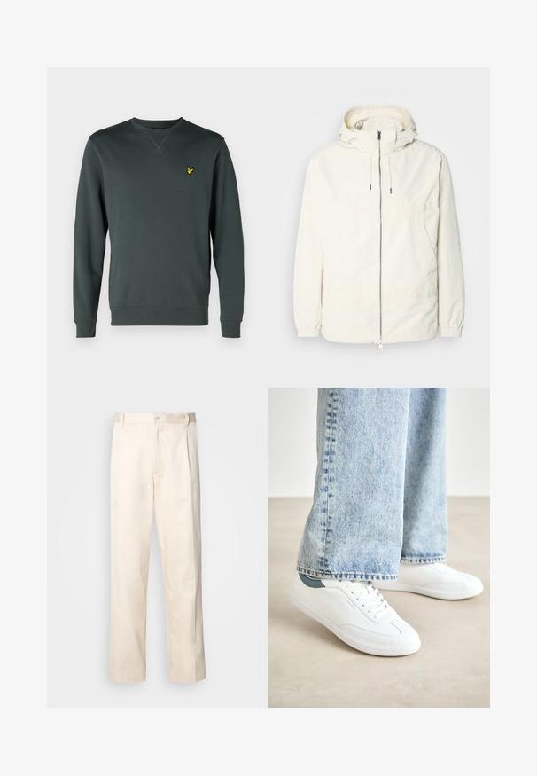Ľahká, krémová bunda s kapucňou, zipsom vpredu, elastickými manžetami a klokannou vreckom. Hladká tkanina s minimálnymi stehovými detailmi.; Tmavozelená mikina vyrobená z mäkkej tkaniny, s okrúhlym výstrihom, dlhými rukávmi a malým žltým logom na ľavej hrudi.; Béžové bavlnené nohavice so strihom rovného nohu, s gombíkovým zapínaním a záhybmi vpredu pre pridanie detailu.; Biele tenisky s hladkým materiálom, šnurovací dizajn, textúrovaná gumová podrážka a tyrkysový akcent na päte, skombinované s svetlomodrými džínami.