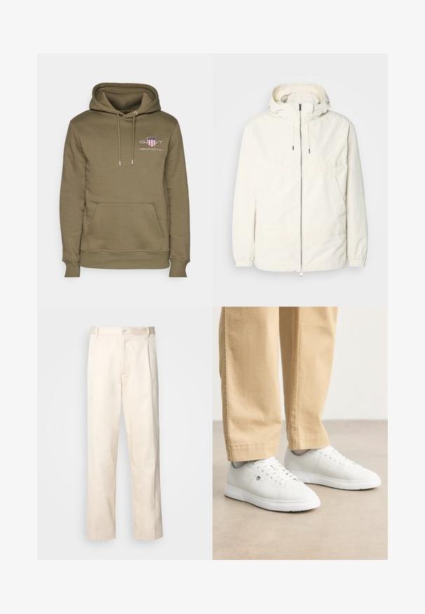 Jachetă ușoară, de culoare crem, cu glugă, fermoar în față, manșete elastice și buzunar tip kangaroo. Material neted cu detalii de cusătură minime.; Hanorac verde măsliniu cu buzunar tip kangaroo, glugă cu șnur și logo brodat care prezintă un design cu scut și text pe piept.; Pantaloni din bumbac bej, cu croială dreaptă, dotati cu închidere cu nasture și pliuri în față pentru un plus de detaliu.; Adidași din piele albă cu finisaj neted, având vârf rotund, design cu șireturi și detalii subtile cu logo pe lateral, asortați cu pantaloni bej.