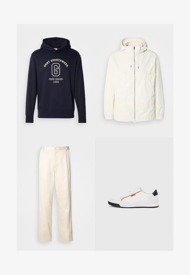 Ελαφριά, κρεμ τζάκετ με κουκούλα, φερμουάρ μπροστά, ελαστικούς μανσέτες και τσέπη καγκουρό. Λείο ύφασμα με ελάχιστες ραφές.; Σκούρο μπλε φούτερ από βαμβάκι, που διαθέτει μπροστινή τσέπη, ριγέ μανίκια και γραφικό τύπωμα με "GANT SPORTSWEAR" και "NEW HAVEN 1949."; Μπεζ βαμβακερό παντελόνι με ίσια γραμμή, διαθέτει κουμπί κλεισίματος και πτυχές στο μπροστινό μέρος για επιπλέον λεπτομέρεια.; Λευκά αθλητικά παπούτσια με λεπτομέρειες από διχτυωτό και δερμάτινο υλικό. Διαθέτουν χρυσό λογότυπο "BOSS", υφασμάτινες πλευρές με υφή και μαύρη κάλυψη στη φτέρνα. Ελαστική σόλα.
